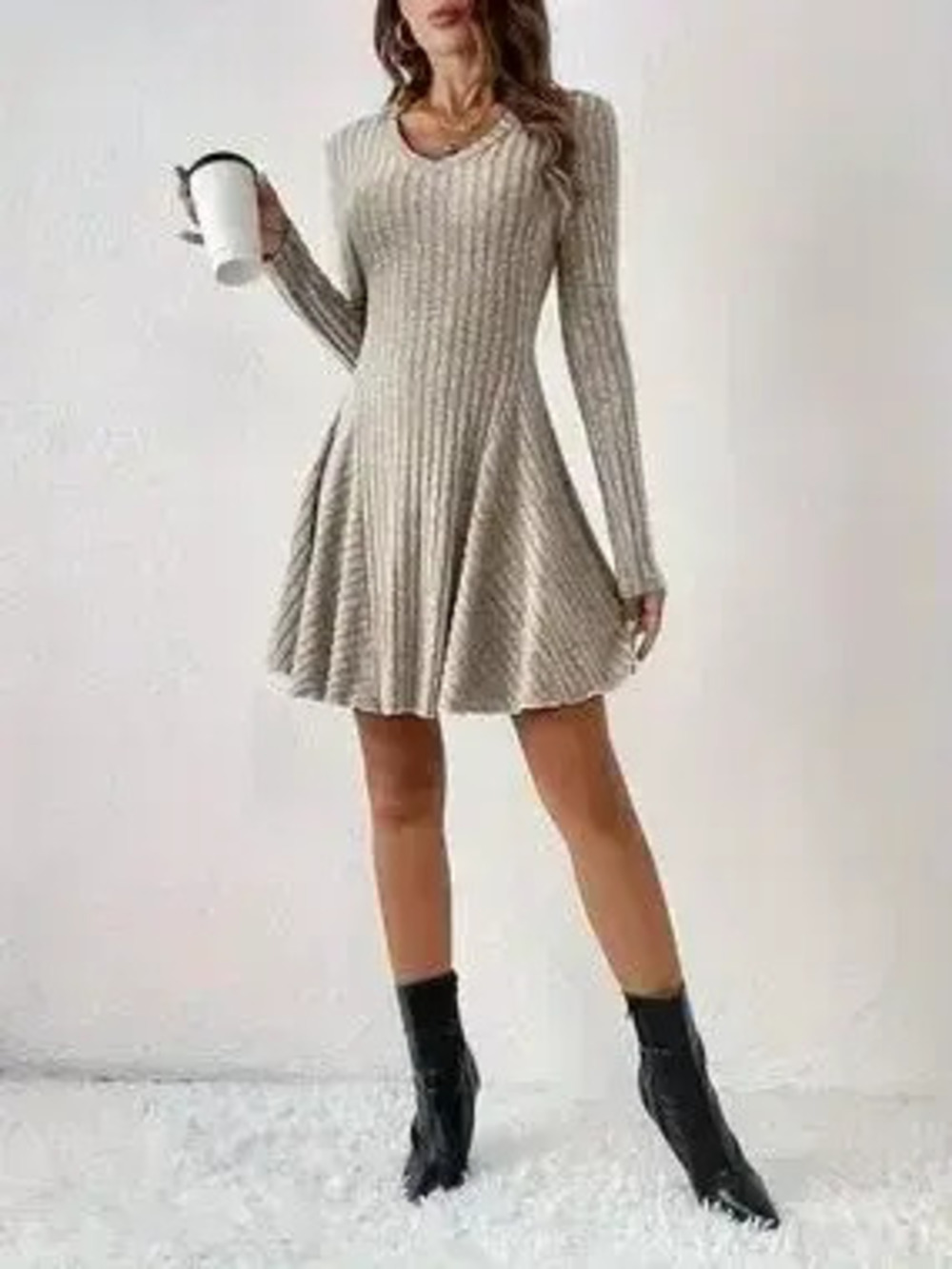 V-Neck Ribbed Knit Flared Knit Dress - Picture 5 of 9